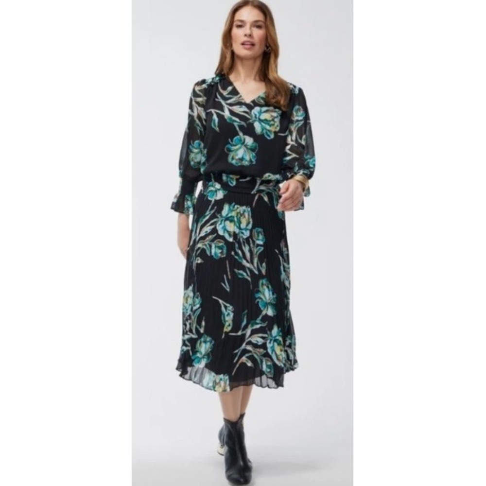 Chico's Pleated Impression Floral Midi Dress Women 3 US 16 Ceramic Green Black